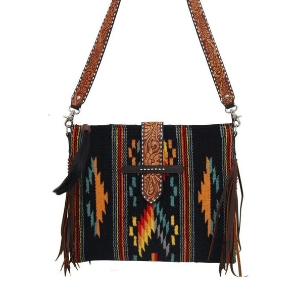 NWT Rafter T Ranch Women's Multicolor Ruffle Belted Tote Woolen Crossbody Bag - Picture 1 of 13